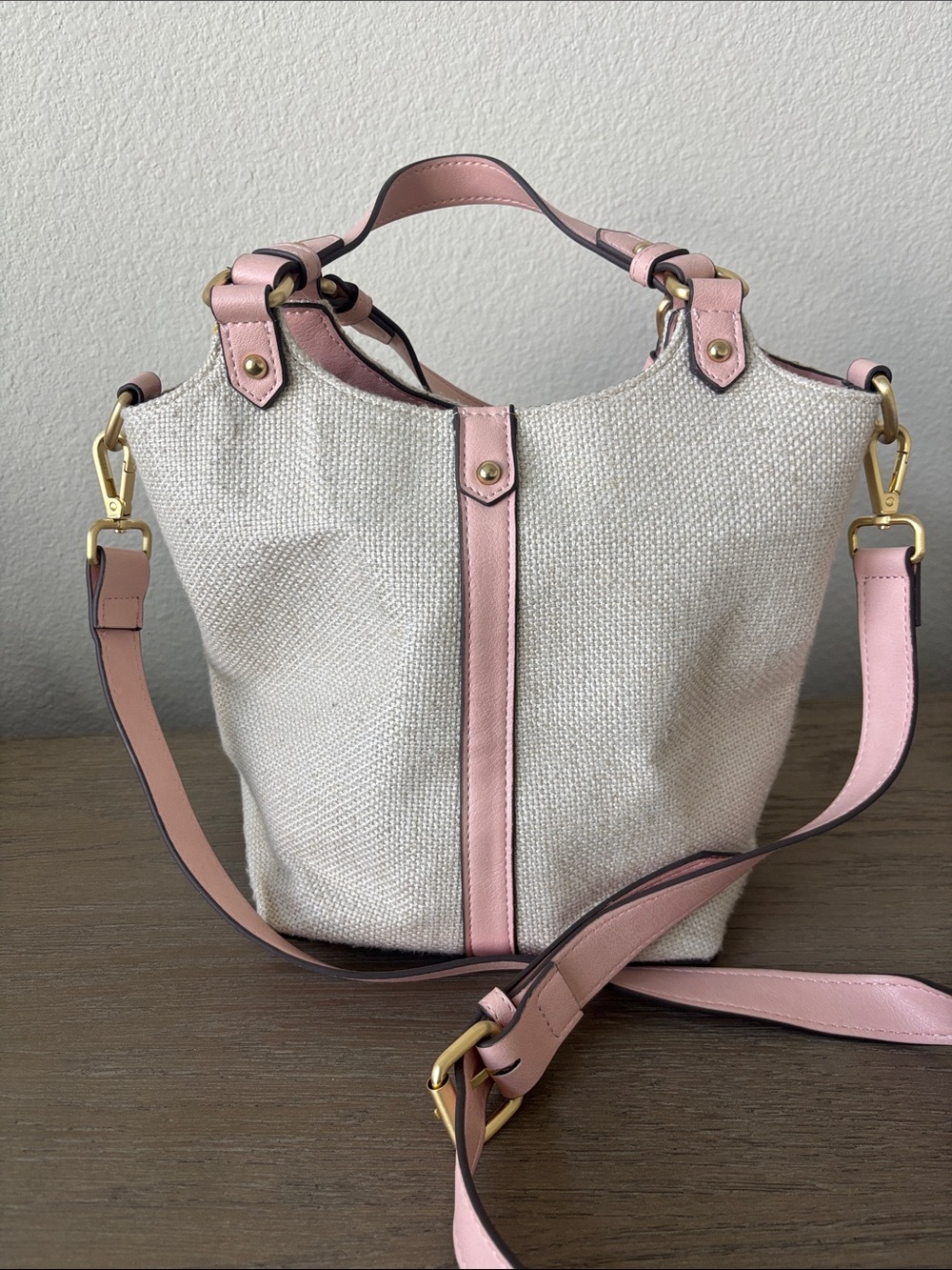 Canvas and Pink Leather Tote Bag - Women